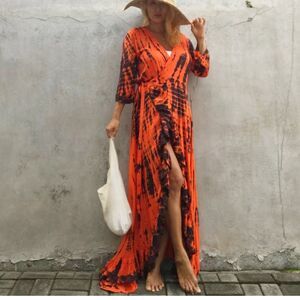 Folkreligion Tie Dye Wrap Dress Ruffle High Low Maxi Kimono Duster One Size OS